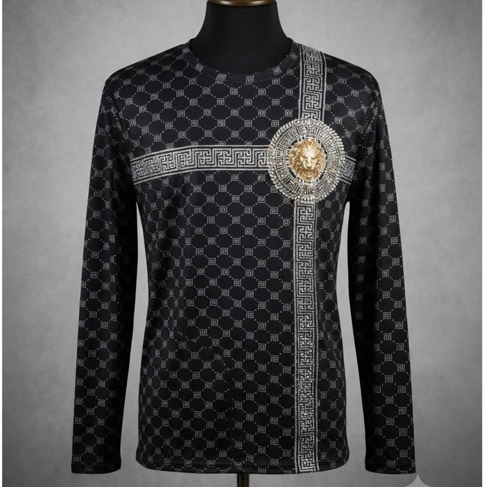 Portabella New York Mens Black Gold Lion Greek Key Long Sleeve Slim Fit Shirt XL